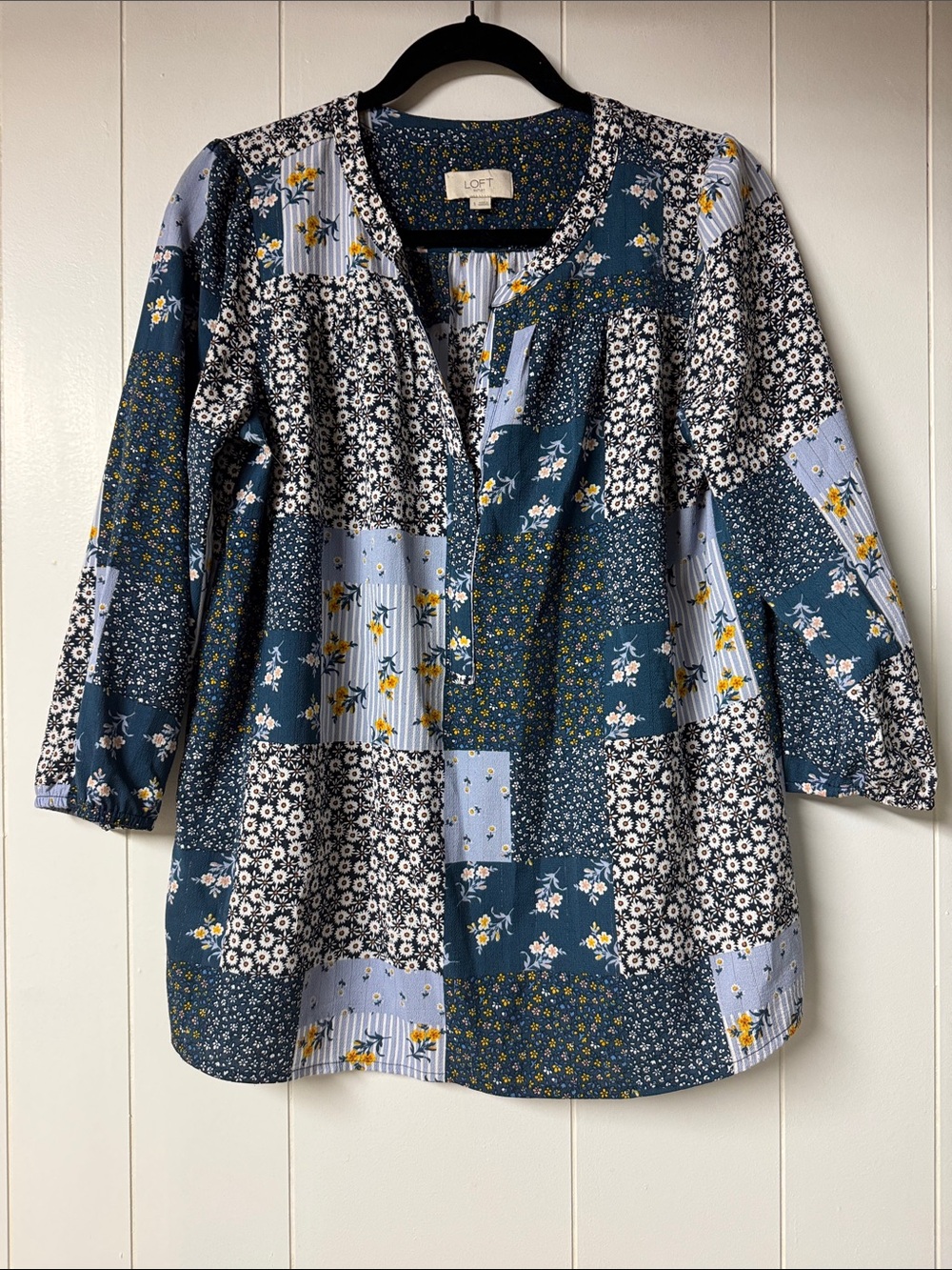 LOFT Patchwork Floral Peasant Top - Navy & Light Blue with Yellow Accents